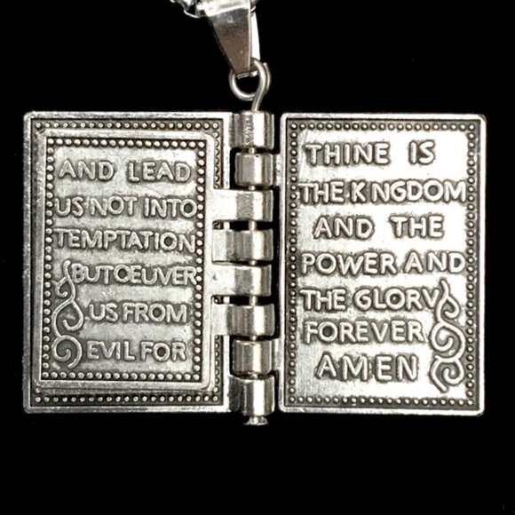 Bible Necklace 4 Pages Turnable Lords Prayer Pages 27” Block Chain Silver Tone - Picture 14 of 16